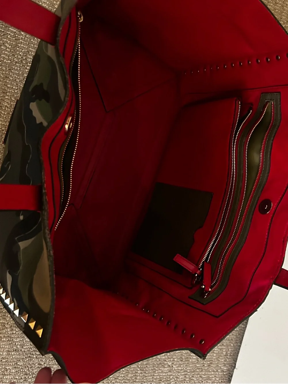 Valentino Garavani Rockstud Camouflage Tote with Red Handles and Gold Studs
